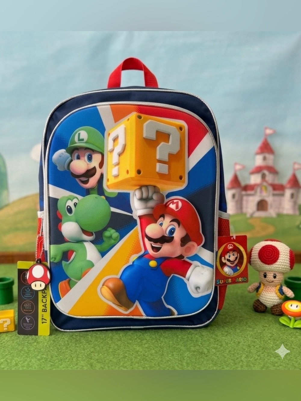 Nintendo Super Mario 17" Kids Backpack Blue Red Mario Luigi Yoshi 3D Mario